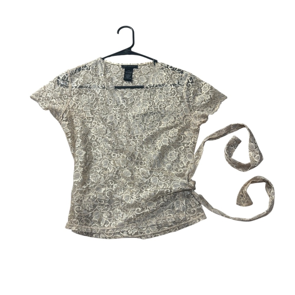 Vintage Y2K The Limited XS Lace Top Sheer Side Tie Blouse V Neck Short Sleeve‎